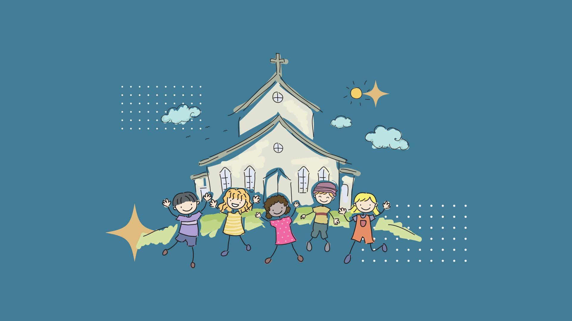 Cartoon sketch of a church building with kids smiling in front