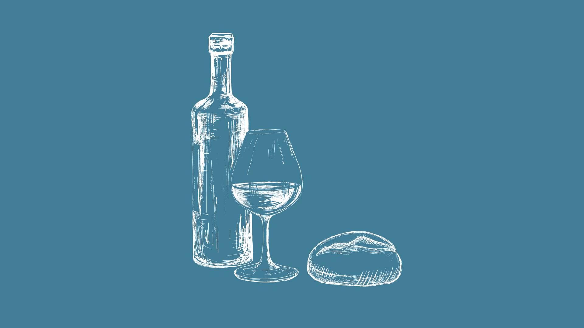 sketch of bread and wine and glass